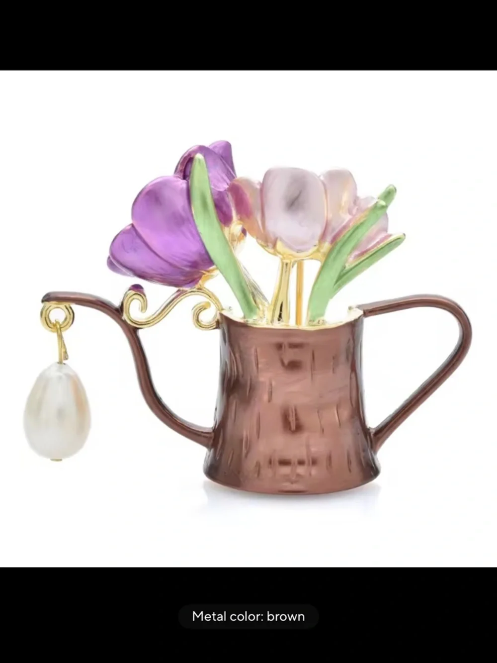 Floral Watering Can Gold Tulip Pearl Cute Chic Brooch